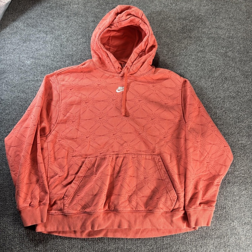 Nike Hoodie Mens 2XL Orange Pullover Fleece Sweatshirt Allover Swoosh Graphic